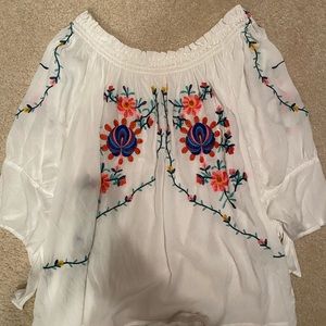 White flowy elastic smock neck top!